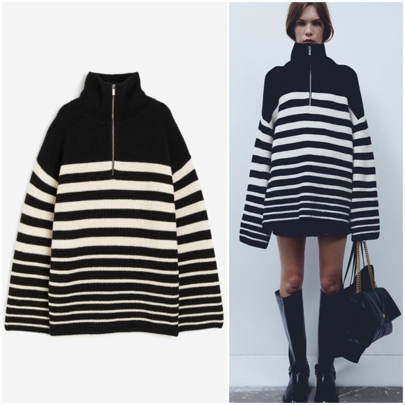 Black/Cream Striped Rib Knit Half Zip Sweater - Picture 9 of 9